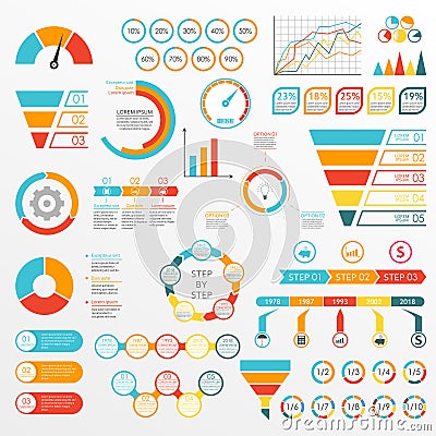 Infographics set with charts, graphs, funnel, arrows, diagram, gauge, speedometer. Circle chart with percentage and pie chart with Vector Illustration